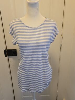 C&C California Top Womens Large Blue/White Striped 100% Linen Scoop Neck